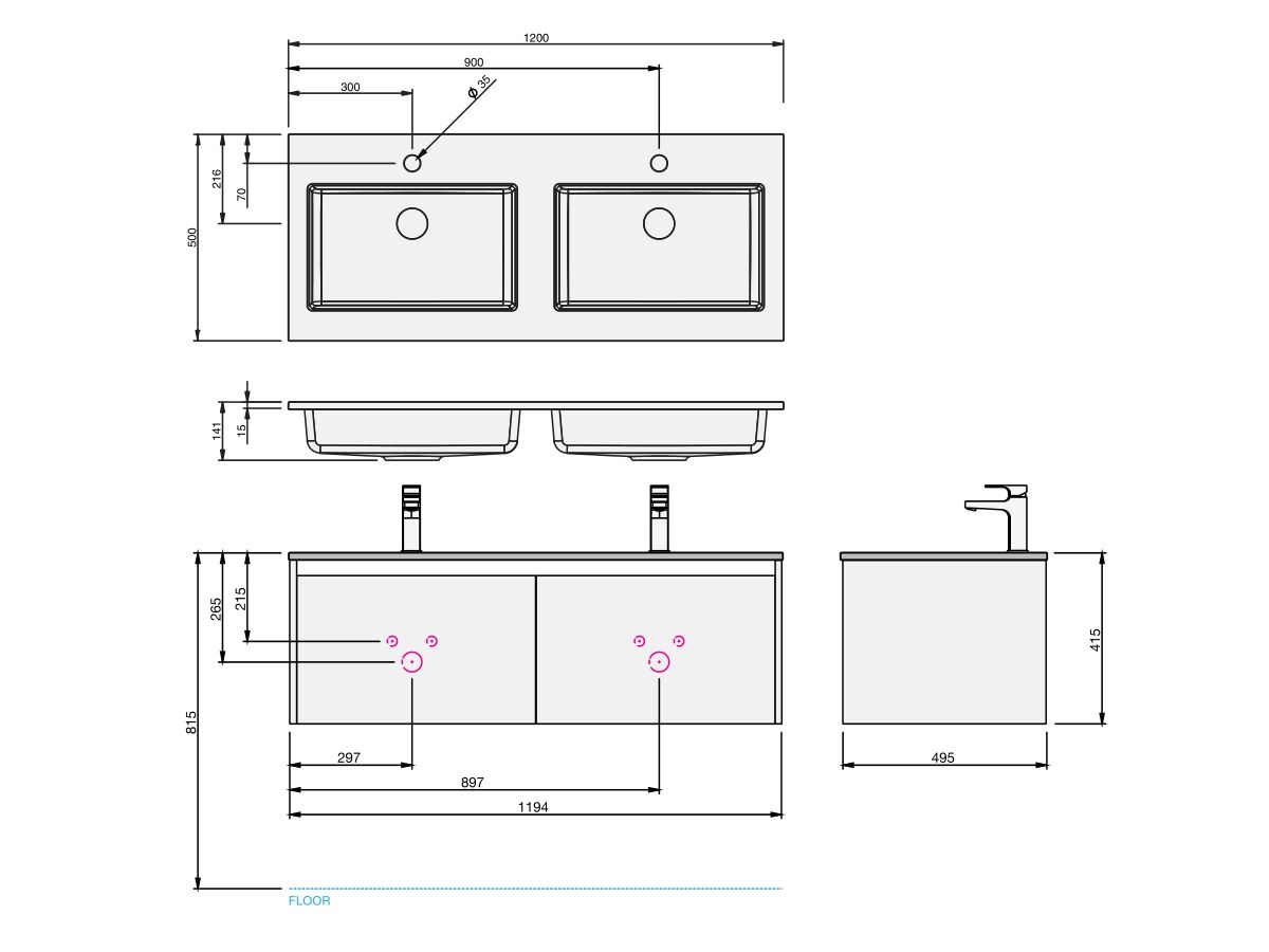 St Michel Kayla Wall Hung Vanity Unit 1200 Integrated Double Bowl 2