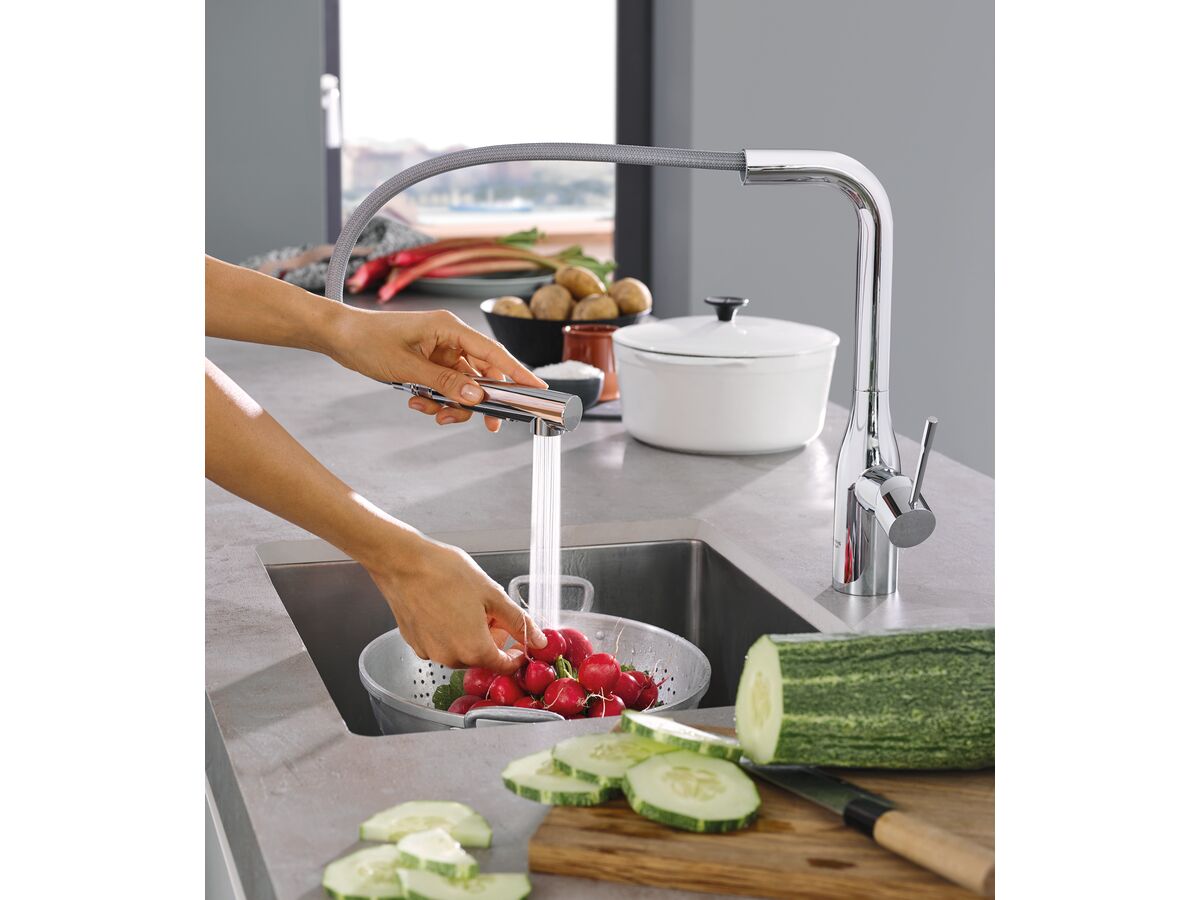 GROHE Essence New Gooseneck Pull Out Sink Mixer Tap with Dual Spray