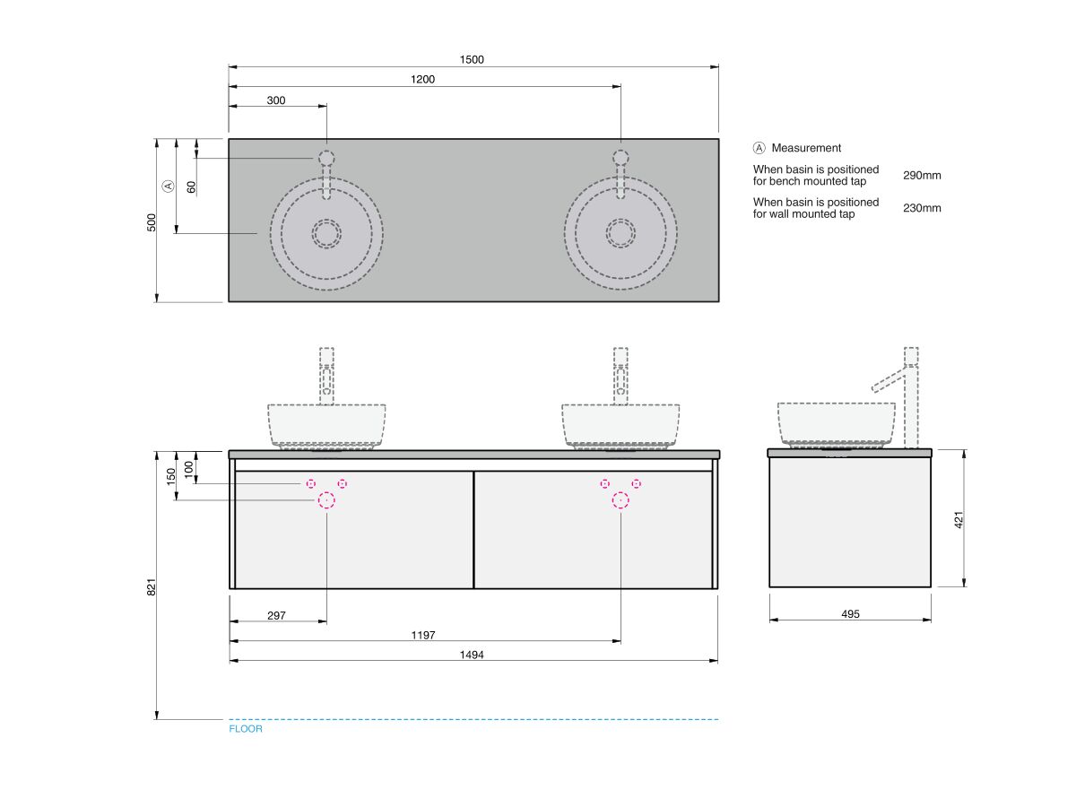 Kayla Wall Hung Vanity Unit 1500 2 Drawers Cherry Pie Roca Inspira