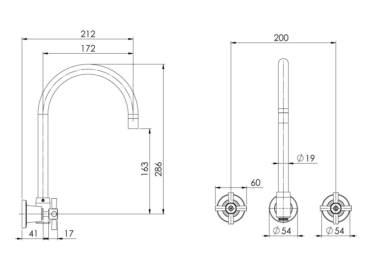 Phoenix Gen X Wall Sink Set Gooseneck 200mm Swivel Chrome (4 Star) from