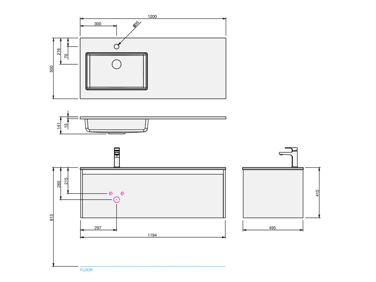 Kayla Wall Hung Vanity Unit 1200 Integrated Left Hand Basin 1 Drawer