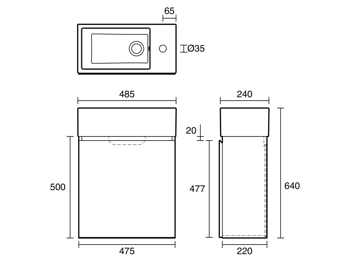 Posh Solus 485mm Wall Hung Powder Room Vanity Unit Right Hand Basin 1